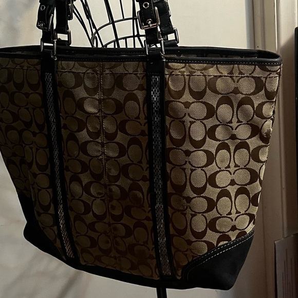 Coach Signature C Khaki Tote Jacquard Beaded Brown Suede Shoulder Bag #8K53 - Picture 10 of 16